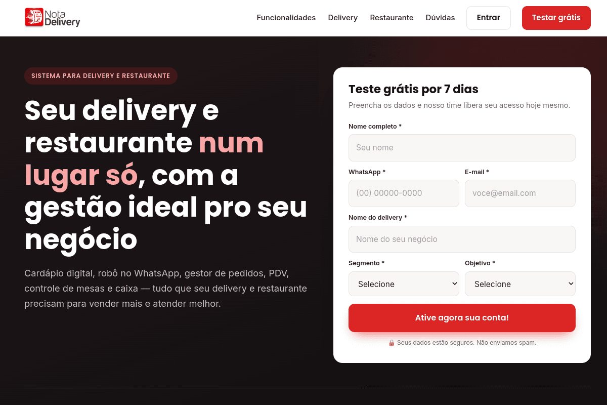 Site do fornecedor de Nota Delivery